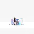 Woman In Black Dress At Opening Display With Illuminated Letters Colorful Pillars Spheres And Blue Light Circle