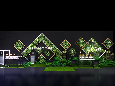 Green Plant Wall As Decorative Background With Geometric Patterns And Lush Foliage Around Display Counters 3d model