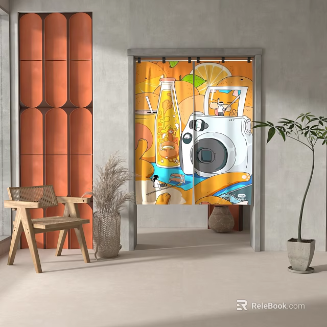 Vibrant Curtain with Juice Bottle Lemon Slices Camera and Kitten Design for Home Decor 3d model 