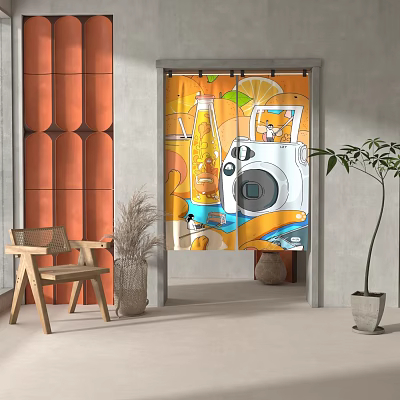 Vibrant Curtain with Juice Bottle Lemon Slices Camera and Kitten Design for Home Decor 3d model