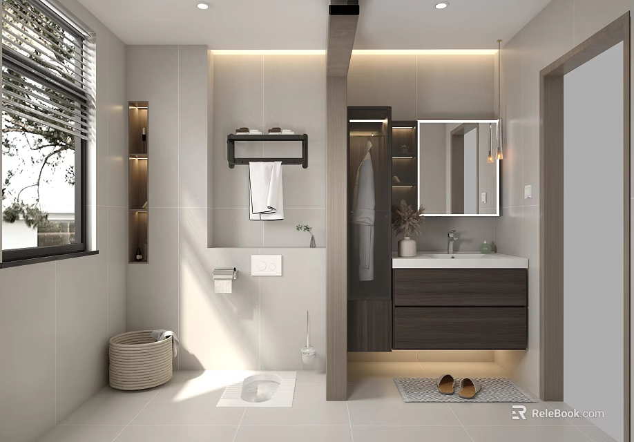 Modern Bathroom Interior Design With Vanity Mirror Wall Lights And Cabinets 3d model