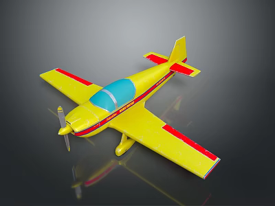Yellow Model Airplane With Red Stripes Blue Cockpit And Propeller On Reflective Surface 3d model
