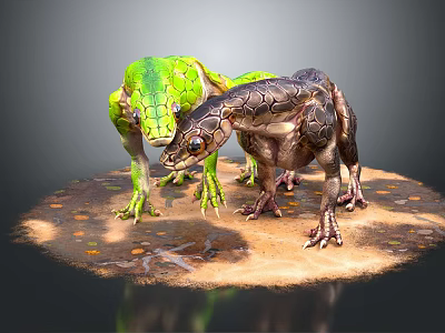 Two Green And Brown Lizards Standing On Sandy Ground With Small Stones And Leaves 3d model