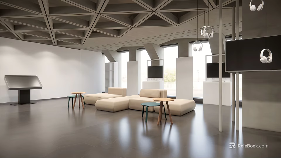 Modern Lounge Area With Beige Sofa Set Small Coffee Tables Geometric Ceiling And Hanging Lights 3d model 