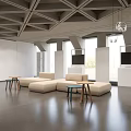 Modern Lounge Area With Beige Sofa Set Small Coffee Tables Geometric Ceiling And Hanging Lights