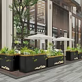 Modern Garden Landscape With Green Plants Planters And Umbrellas By Building Facade