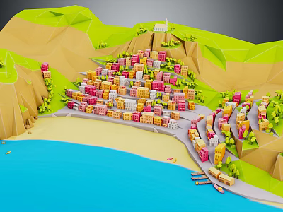 Cartoon Scenery of Low Poly Coastal Town With Colorful Houses Hills Ocean And Beach 3d model