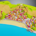 Cartoon Scenery of Low Poly Coastal Town With Colorful Houses Hills Ocean And Beach