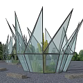 Modern Garden Art Installations With Metal Glass Frames Cacti Trees Gravel Ground And People