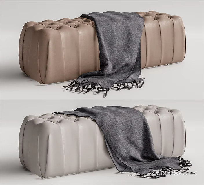 Tufted Leather Ottoman in Brown and Beige with Gray Throw Blanket 3d model 