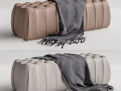 Tufted Leather Ottoman in Brown and Beige with Gray Throw Blanket 3d model