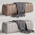 Tufted Leather Ottoman in Brown and Beige with Gray Throw Blanket