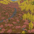 Beautiful Winding Mountain Road Leads Through Vibrant Red And Golden Autumn Forest Natural Scenery