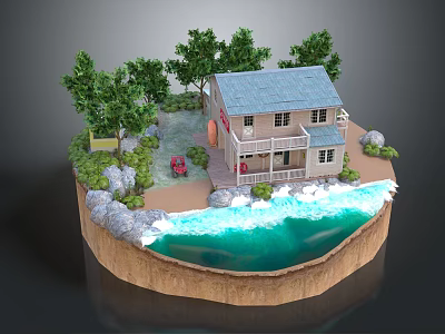 Playful Cartoon Scene With Two Story House Blue Roof Surrounding Trees Water Area And Rocks 3d model