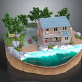 Playful Cartoon Scene With Two Story House Blue Roof Surrounding Trees Water Area And Rocks