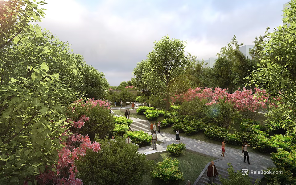 Scenic Park Landscape With Green Trees Pink Flowers And Walking People On Pathways 3d model 