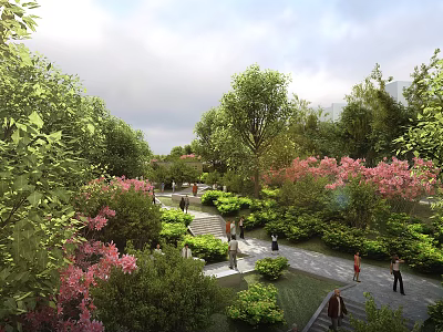Scenic Park Landscape With Green Trees Pink Flowers And Walking People On Pathways 3d model