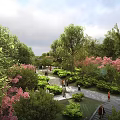 Scenic Park Landscape With Green Trees Pink Flowers And Walking People On Pathways