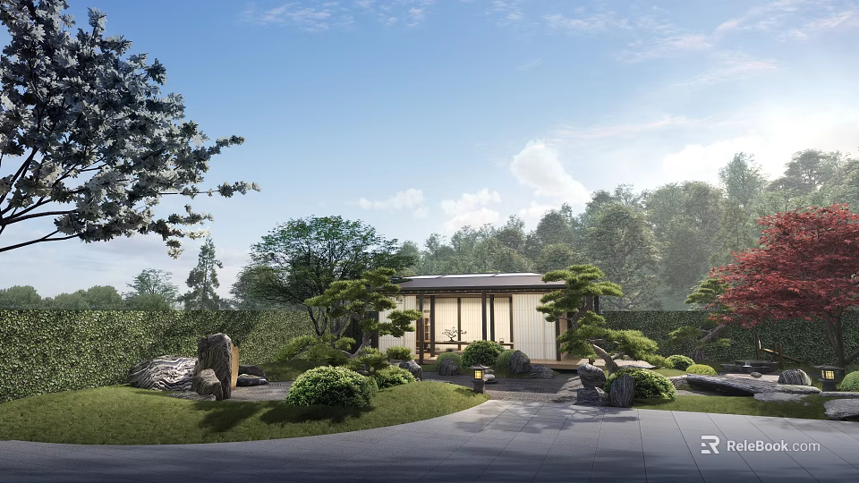 Modern Garden Landscape With Stone Pathway Pine Trees And Traditional House 3d model 