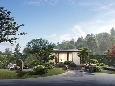 Modern Garden Landscape With Stone Pathway Pine Trees And Traditional House 3d model