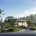 Modern Garden Landscape With Stone Pathway Pine Trees And Traditional House