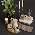 Decorative Ornament Set With Green Plant Candles Diffuser Ceramic Containers And Books For Home Decor