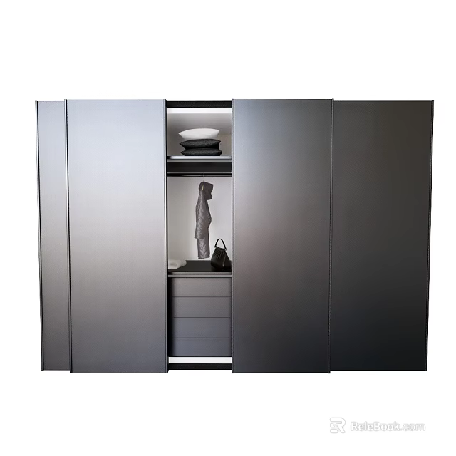 Modern Wardrobe With Sliding Doors Shelves Drawers And Storage Items Like Hat And Bag 3d model 