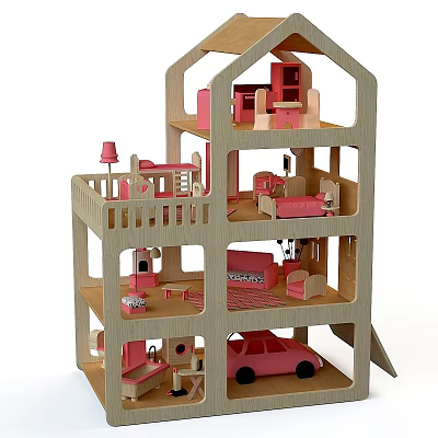 Wooden Building Blocks Multi Story Dollhouse With Pink Furniture Staircase And Toy Car 3d model