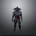 Detailed Futuristic Warrior Armor Design With Blue Red Accents And Conical Hat