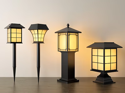 Outdoor Lights With Various Designs Grid Patterned Glass Shades And Metal Bases 3d model