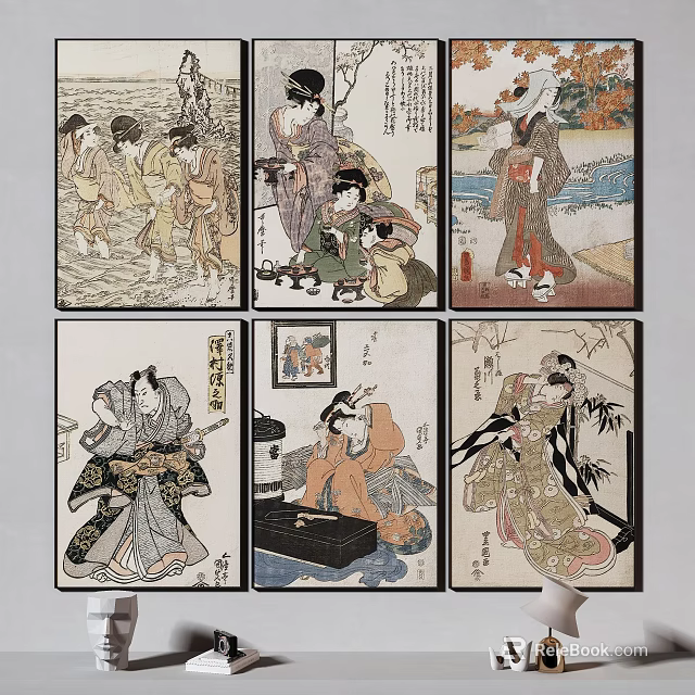 Traditional Vintage Ukiyo e Artworks With Kimono Figures And Scenic Elements 3d model 