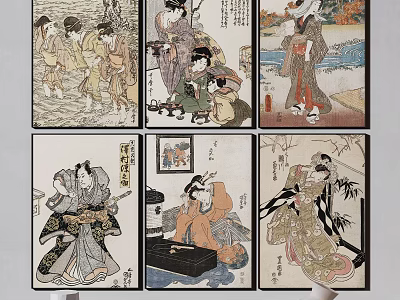 Traditional Vintage Ukiyo e Artworks With Kimono Figures And Scenic Elements 3d model