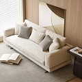 Modern Double Sofa with Soft Pillows Side Table Wooden Wall and Window in Bright Space