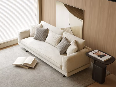 Modern Double Sofa with Soft Pillows Side Table Wooden Wall and Window in Bright Space 3d model