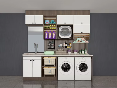 Modern Functional Laundry Room With Washing Machine Dryer Cabinets Sink And Storage Shelves 3d model