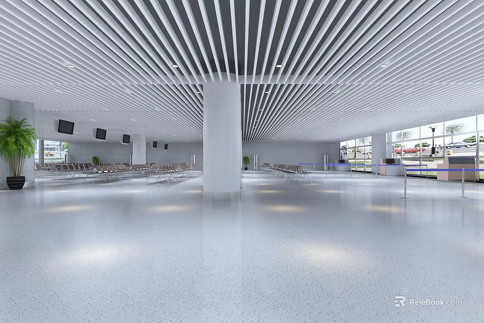 Spacious Modern Service Hall Interior With Striped Ceiling Columns Waiting Seats And Windows 3d model 