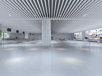 Spacious Modern Service Hall Interior With Striped Ceiling Columns Waiting Seats And Windows 3d model