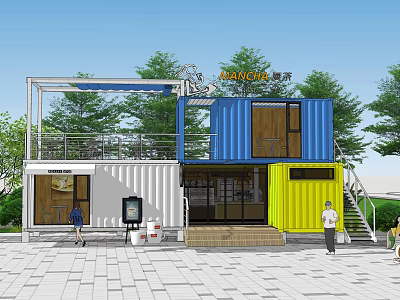 Unique Container Built Café with Blue Yellow Exteriors Outdoor Stairs and Green Trees 3d model