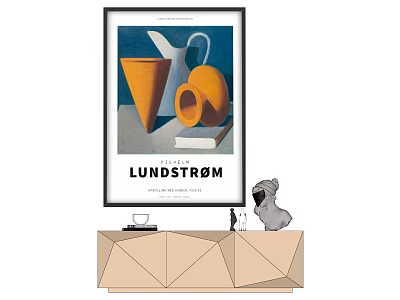 Stylish Console Table Decor Featuring Filip Lundstrom Painting Geometric Objects And Pug Figurine 3d model
