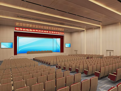 Spacious Conference Room Interior With Blue Screen Wooden Walls And Neatly Arranged Chairs 3d model