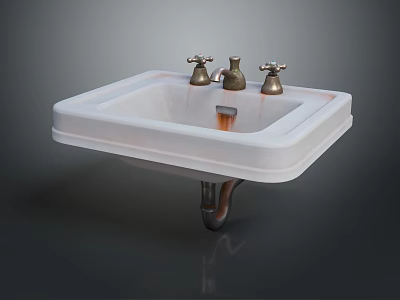 White Ceramic Wall Mounted Bathroom Sink With Two Brass Faucets 3d model
