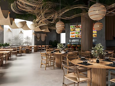 Natural Restaurant Interior Featuring Woven Pendant Lights Wooden Tables Chairs Menu Display And Green Plants 3d model