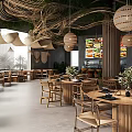 Natural Restaurant Interior Featuring Woven Pendant Lights Wooden Tables Chairs Menu Display And Green Plants