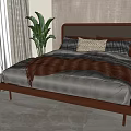 Double Bed with Wooden Headboard Cozy Bedding Plush Pillows and Green Plant in Modern Bedroom