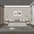 Minimalist Bedroom Interior With Wooden Lattice Doors Two Framed Artworks And Simple Bed Frame