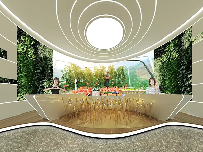 Modern Indoor Lounge Space With Green Plant Walls Circular Skylight And Bar Counter With Fruits 3d model