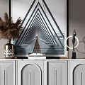 Modern White Console Cabinet with Carved Design Golden Legs and Decorative Items