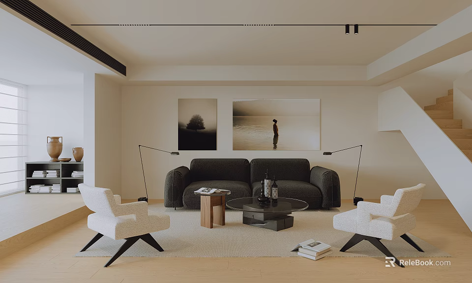 Modern Living Room Design With Black Sofa White Accent Chairs Area Rug And Wall Art 3d model 