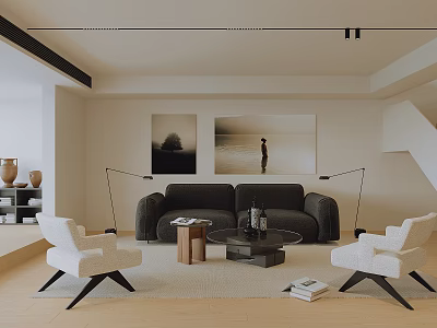 Modern Living Room Design With Black Sofa White Accent Chairs Area Rug And Wall Art 3d model