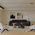 Modern Living Room Design With Black Sofa White Accent Chairs Area Rug And Wall Art
